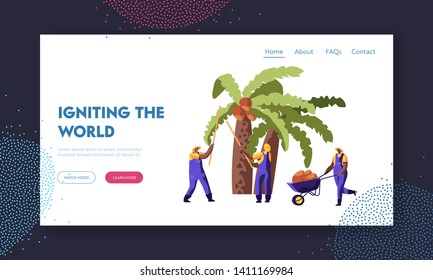 Palm Oil Producing. Workers Collect Coconuts from Palm Tree, Seasonal Work, Laborers Taking Crop on African or Asian Plantation Website Landing Page, Web Page. Cartoon Flat Vector Illustration, Banner