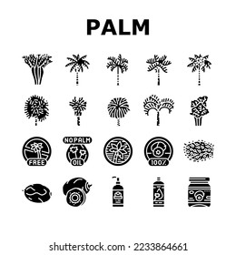 palm oil tree leaf plant icons set vector. summer white coconut, green nature, beach exotic, branch forest, tropical foliage palm oil tree leaf plant glyph pictogram Illustrations
