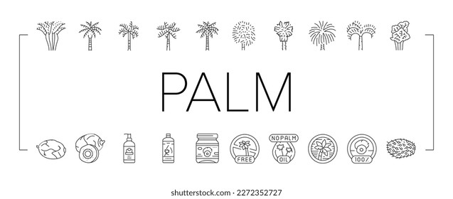 palm oil tree leaf plant icons set vector. summer white coconut, green nature, beach exotic, branch forest, tropical foliage palm oil tree leaf plant black contour illustrations