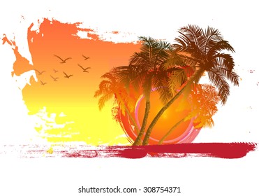 Palm on sunset background