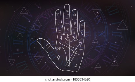 Palm with palmistry diagram on the background of space