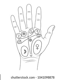 Palm with palmistry and signs of the planets on the hillocks.