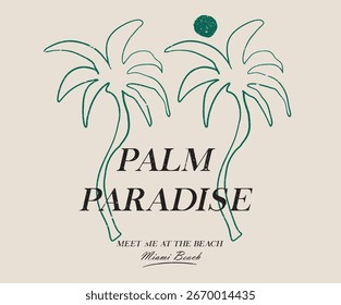 Obra de arte del paraíso de la palma. Aquí viene el sol. Diseño de palmeras tropicales.  Obra de arte de vibraciones de verano. Dibujo de línea de verano. 