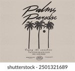 Palm paradise. Palm beach club design. Sunshine paradise graphic print design. Summer vibes artwork.