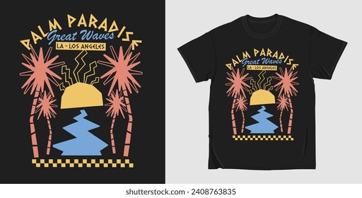 Palm paradise great waves graphic t-shirt design, vintage beach vector illustration for t-shirt, apparel and clothing design