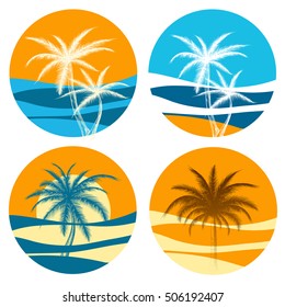 Palm paradise logo vector set. Colorful icons with sunrise and palm trees
