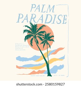 palm paradise. Palm tree summer beach t shirt print design, Vintage Retro sunset or sunrise. surfing with big wave. beach club slogan print for palm beach