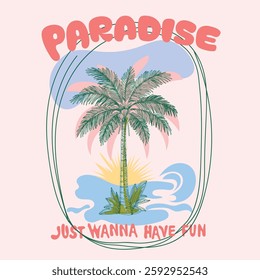 palm paradise. Palm tree summer beach t shirt print design, Vintage Retro sunset or sunrise. surfing with big wave