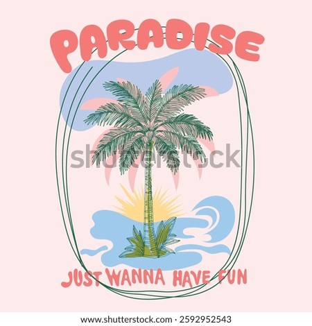 palm paradise. Palm tree summer beach t shirt print design, Vintage Retro sunset or sunrise. surfing with big wave