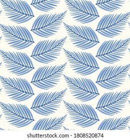 Palm pattern background. Cute vector tropical foliage design in blue.