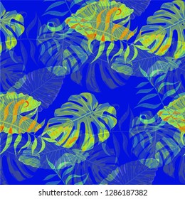 Palm Pattern. Blue Seamless Pattern with Leaves of tropical Trees. Trendy Texture for, Dress, Paper, Tablecloth. Tropical Palm Pattern.