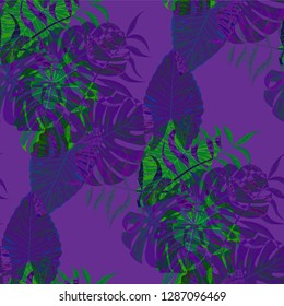 Palm Pattern. Blue Seamless Pattern with Leaves of tropical Trees. Vintage Texture for, Cloth, Dress, Fabric. Tropical Palm Pattern.