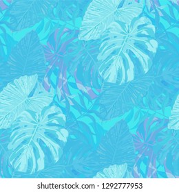 Palm Pattern. Blue Seamless Pattern with Leaves of tropical Trees. Retro Texture for, Paper, Tablecloth, Cloth. Tropical Palm Pattern.