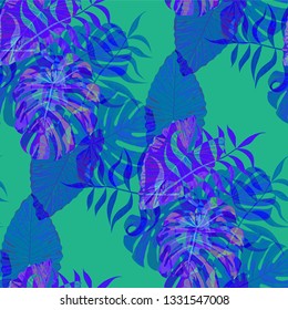 Palm Pattern. Blue Seamless Pattern with Leaves of tropical Trees. Trendy Texture for, Cloth, Wallpaper, Curtain. Tropical Palm Pattern.