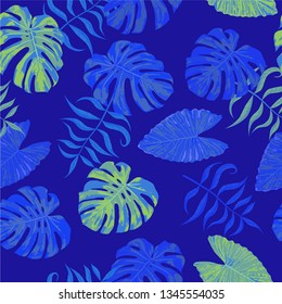 Palm Pattern. Blue Seamless Pattern with Leaves of tropical Trees. Vintage Texture for, Tablecloth, Fabric, Underwear. Tropical Palm Pattern.