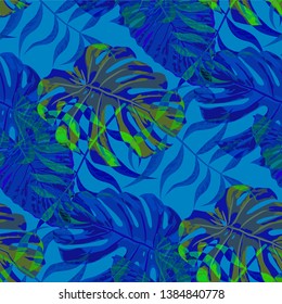 Palm Pattern. Blue Seamless Pattern with Leaves of jungle Trees. Vintage Texture for, Shirt, Swimwear, Dress. Tropical Palm Pattern.