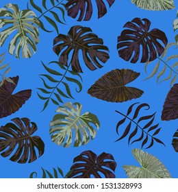 Palm Pattern. Blue Seamless Pattern with Leaves of tropical Trees. Modern Texture for, Fabric, Dress, Wallpaper. Tropical Palm Pattern.