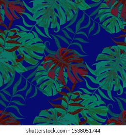 Palm Pattern. Blue Seamless Pattern with Leaves of tropical Trees. Modern Texture for, Swimwear, Underwear, Tablecloth. Tropical Palm Pattern.