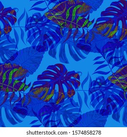Palm Pattern. Blue Seamless Pattern with Leaves of jungle Trees. Vintage Texture for, Cloth, Shirt, Wallpaper. Tropical Palm Pattern.