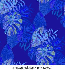 Palm Pattern. Blue Seamless Pattern with Leaves of exotic Trees. Modern Texture for, Fabric, Dress, Tablecloth. Tropical Palm Pattern.