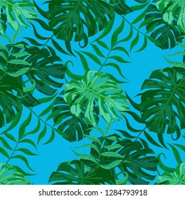 Palm Pattern. Green Seamless Pattern with Leaves of jungle Trees. Trendy Texture for, Underwear, Paper, Curtain. Tropical Palm Pattern.