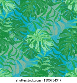 Palm Pattern. Green Seamless Pattern with Leaves of jungle Trees. Trendy Texture for, Curtain, Paper, Fabric. Tropical Palm Pattern.