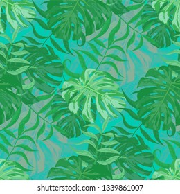 Palm Pattern. Green Seamless Pattern with Leaves of jungle Trees. Retro Texture for, Dress, Wallpaper, Fabric. Tropical Palm Pattern.