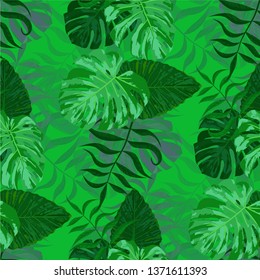 Palm Pattern. Green Seamless Pattern with Leaves of jungle Trees. Retro Texture for, Swimwear, Paper, Tablecloth. Tropical Palm Pattern.