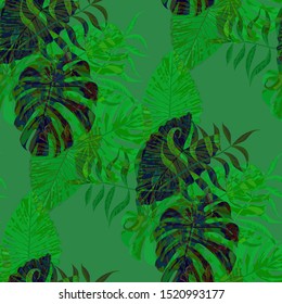 Palm Pattern. Green Seamless Pattern with Leaves of exotic Trees. Trendy Texture for, Fabric, Cloth, Dress. Tropical Palm Pattern.