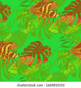 Palm Pattern. Green Seamless Pattern with Leaves of tropical Trees. Retro Texture for, Curtain, Shirt, Swimwear. Tropical Palm Pattern.