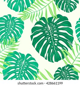 Palm pattern. Monstera leaves. Tropical leaves seamless background