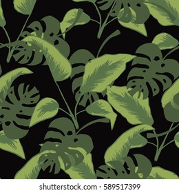 Palm pattern. Monstera leaves. Tropical leaves seamless background.  Trendy colors for textile or book covers, manufacturing, wallpapers, print, gift wrap and scrapbooking. 