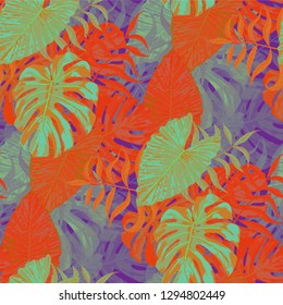 Palm Pattern. Orange Seamless Pattern with Leaves of exotic Trees. Retro Texture for, Fabric, Curtain, Dress. Tropical Palm Pattern.