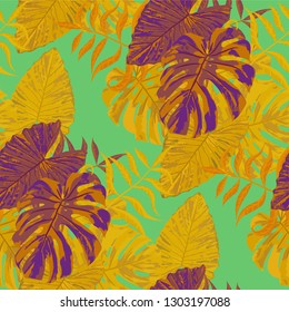 Palm Pattern. Orange Seamless Pattern with Leaves of jungle Trees. Trendy Texture for, Shirt, Tablecloth, Cloth. Tropical Palm Pattern.