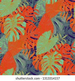 Palm Pattern. Orange Seamless Pattern with Leaves of exotic Trees. Modern Texture for, Tablecloth, Swimwear, Curtain. Tropical Palm Pattern.