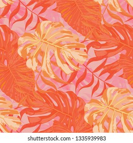Palm Pattern. Orange Seamless Pattern with Leaves of jungle Trees. Retro Texture for, Swimwear, Shirt, Paper. Tropical Palm Pattern.