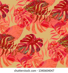 Palm Pattern. Orange Seamless Pattern with Leaves of exotic Trees. Vintage Texture for, Wallpaper, Tablecloth, Paper. Tropical Palm Pattern.