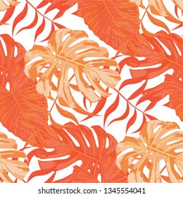 Palm Pattern. Orange Seamless Pattern with Leaves of exotic Trees. Vintage Texture for, Curtain, Fabric, Wallpaper. Tropical Palm Pattern.