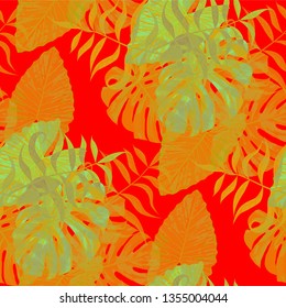 Palm Pattern. Orange Seamless Pattern with Leaves of tropical Trees. Retro Texture for, Cloth, Paper, Dress. Tropical Palm Pattern.