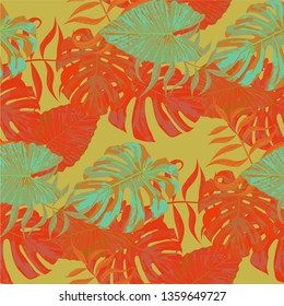 Palm Pattern. Orange Seamless Pattern with Leaves of exotic Trees. Retro Texture for, Shirt, Paper, Underwear. Tropical Palm Pattern.