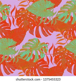 Palm Pattern. Orange Seamless Pattern with Leaves of tropical Trees. Modern Texture for, Curtain, Paper, Dress. Tropical Palm Pattern.