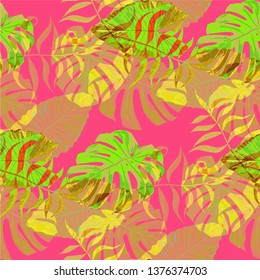 Palm Pattern. Orange Seamless Pattern with Leaves of exotic Trees. Modern Texture for, Wallpaper, Curtain, Tablecloth. Tropical Palm Pattern.