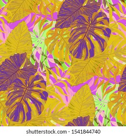 Palm Pattern. Orange Seamless Pattern with Leaves of jungle Trees. Trendy Texture for, Shirt, Curtain, Fabric. Tropical Palm Pattern.