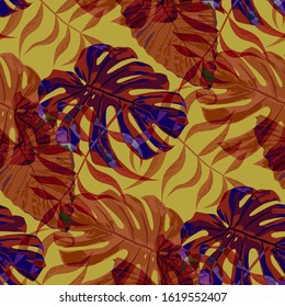 Palm Pattern. Orange Seamless Pattern with Leaves of jungle Trees. Modern Texture for, Fabric, Paper, Curtain. Tropical Palm Pattern.