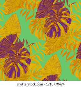 Palm Pattern. Orange Seamless Pattern with Leaves of tropical Trees. Modern Texture for, Swimwear, Curtain, Cloth. Tropical Palm Pattern.