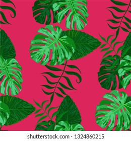 Palm Pattern. Pink Seamless Pattern with Leaves of exotic Trees. Trendy Texture for, Curtain, Cloth, Swimwear. Tropical Palm Pattern.