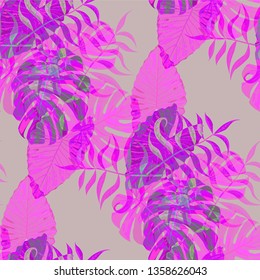 Palm Pattern. Pink Seamless Pattern with Leaves of tropical Trees. Vintage Texture for, Swimwear, Cloth, Fabric. Tropical Palm Pattern.