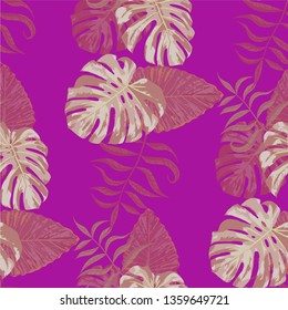 Palm Pattern. Pink Seamless Pattern with Leaves of jungle Trees. Vintage Texture for, Curtain, Fabric, Wallpaper. Tropical Palm Pattern.
