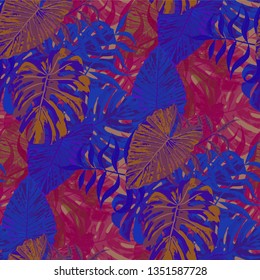 Palm Pattern. Purple Seamless Pattern with Leaves of exotic Trees. Trendy Texture for, Dress, Shirt, Swimwear. Tropical Palm Pattern.