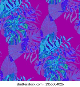 Palm Pattern. Purple Seamless Pattern with Leaves of exotic Trees. Modern Texture for, Wallpaper, Underwear, Shirt. Tropical Palm Pattern.